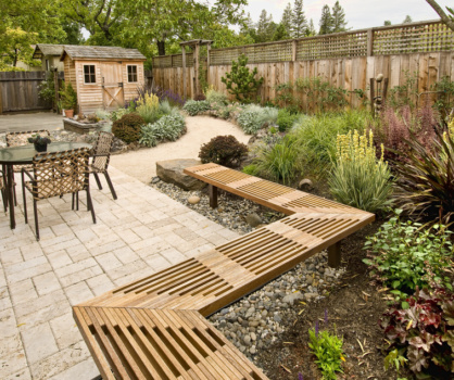 Landscape Backyard with Wooden Fence and Pathway